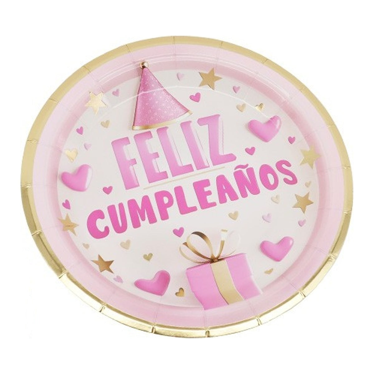 Platos Cartón Feliz Cumpleaños Rosa y Dorado 6 uds - 17,5 cm