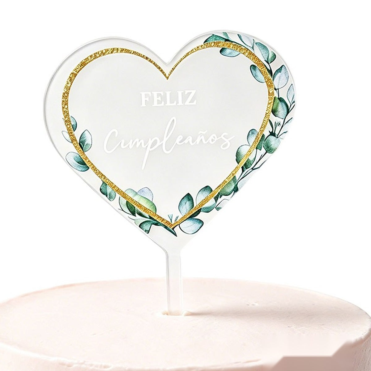 Cake Topper Corazón Eucalipto Feliz Cumpleaños 10 x 16 cm