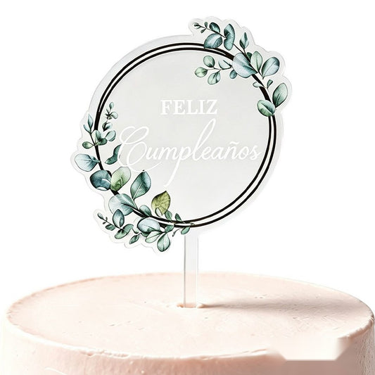 Cake Topper Redondo Eucalipto Feliz Cumpleaños 16,5 x 9,5 cm