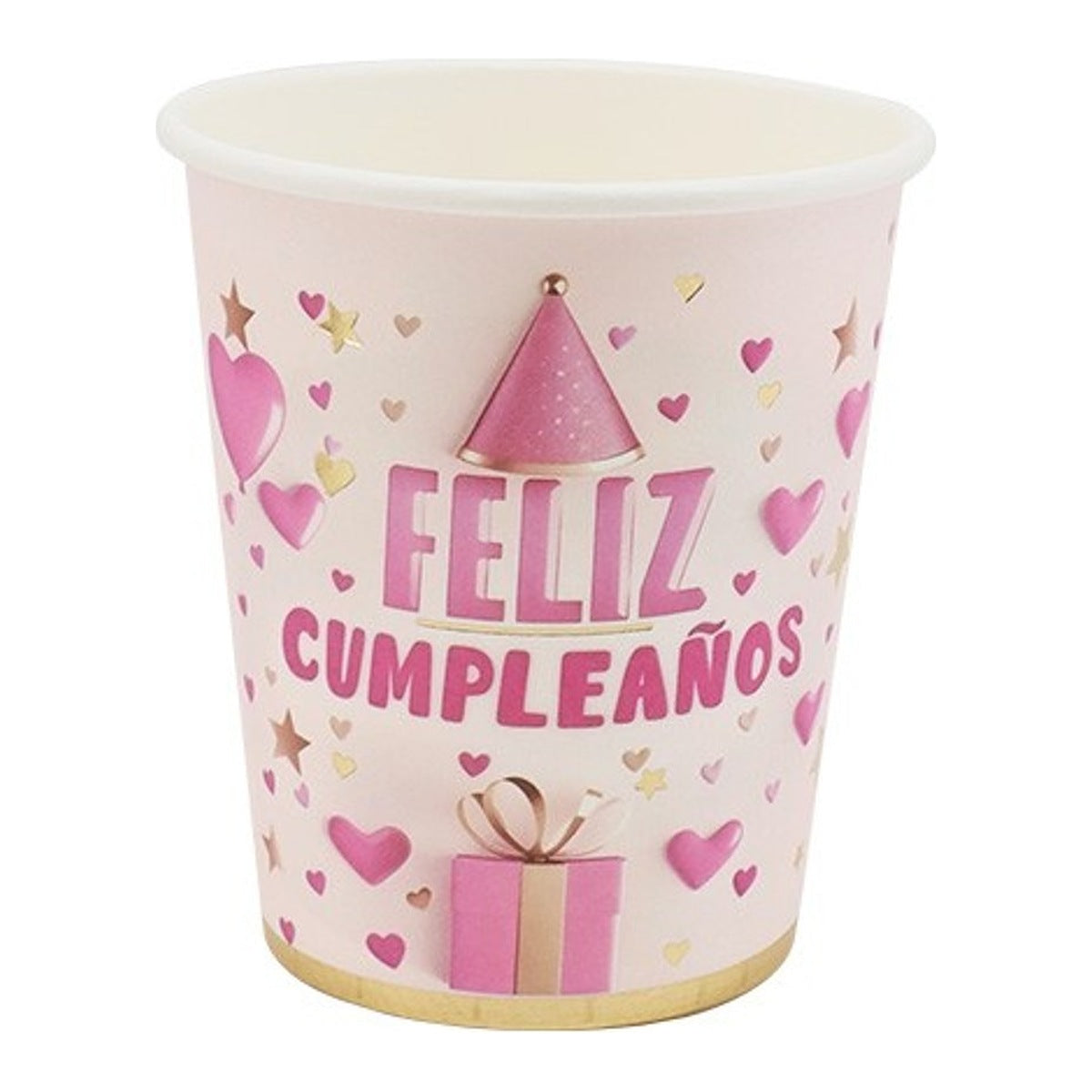 Vasos Cartón Feliz Cumpleaños Rosa y Dorado 250 ml 6 uds