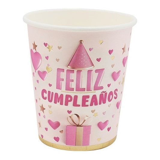 Vasos Cartón Feliz Cumpleaños Rosa y Dorado 250 ml 6 uds