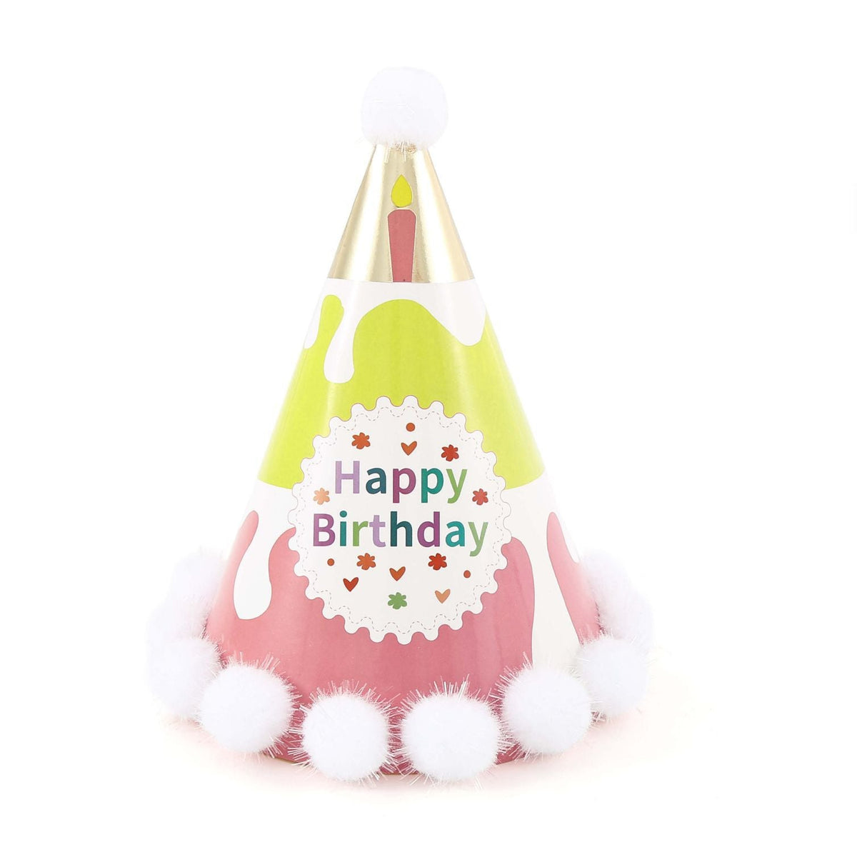 Gorro Happy Birthday Rosa con Pompones Blancos 11 x 17 cm