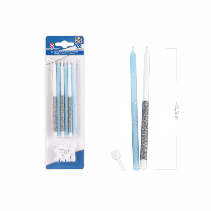 Vela Blancas con Plata y Azules con Purpurina 12.5cm - Pack 12uds