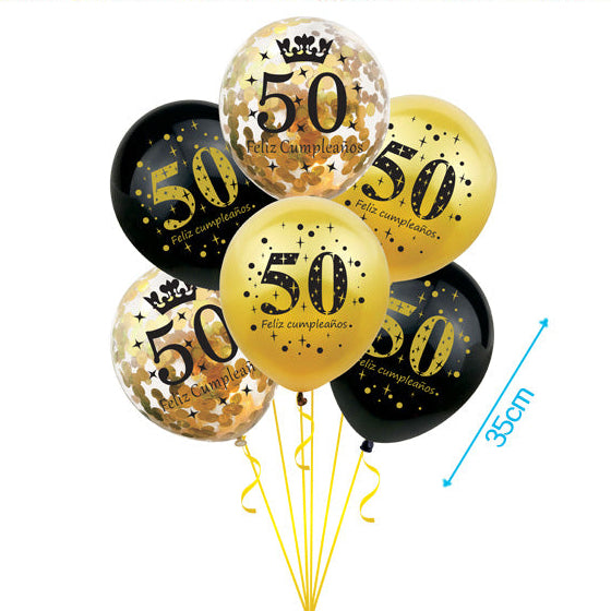 Set 6 Globos Látex Cumpleaños Oro y Negro con 18, 30, 40, 50 y 60 años 30cm