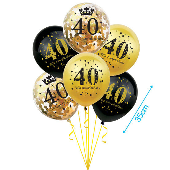 Set 6 Globos Látex Cumpleaños Oro y Negro con 18, 30, 40, 50 y 60 años 30cm