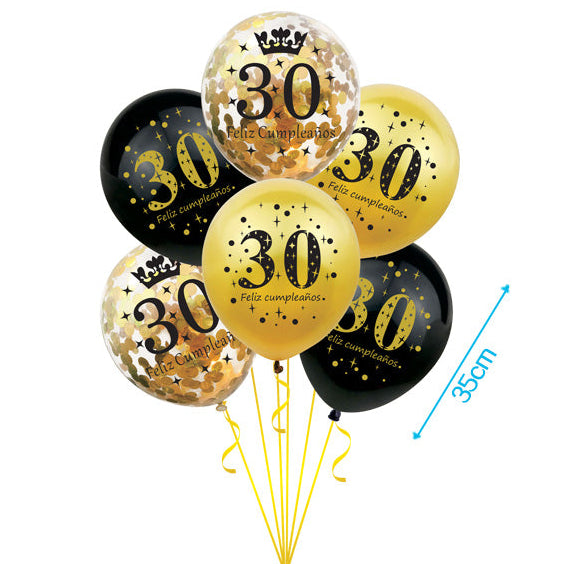 Set 6 Globos Látex Cumpleaños Oro y Negro con 18, 30, 40, 50 y 60 años 30cm
