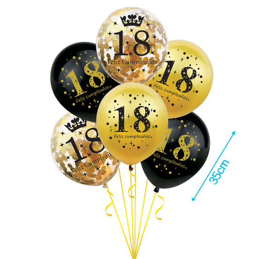 Set 6 Globos Látex Cumpleaños Oro y Negro con 18, 30, 40, 50 y 60 años 30cm