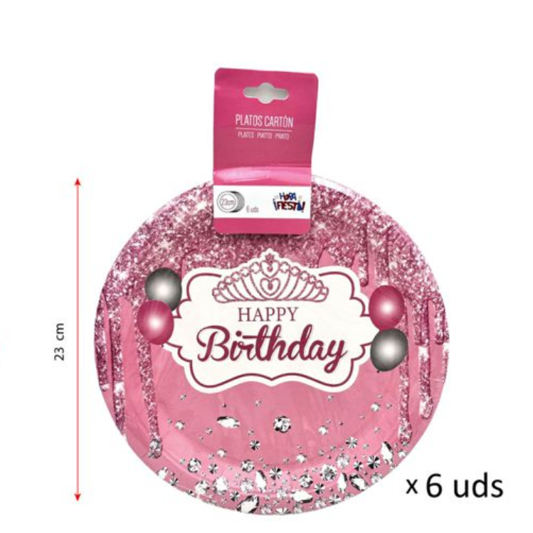Plato Cartón Happy Birthday Rosa 23 cm 6 uds