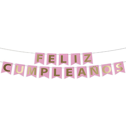 Guirnalda Banderines Feliz Cumpleaños Letras Oro 4 m Rosa