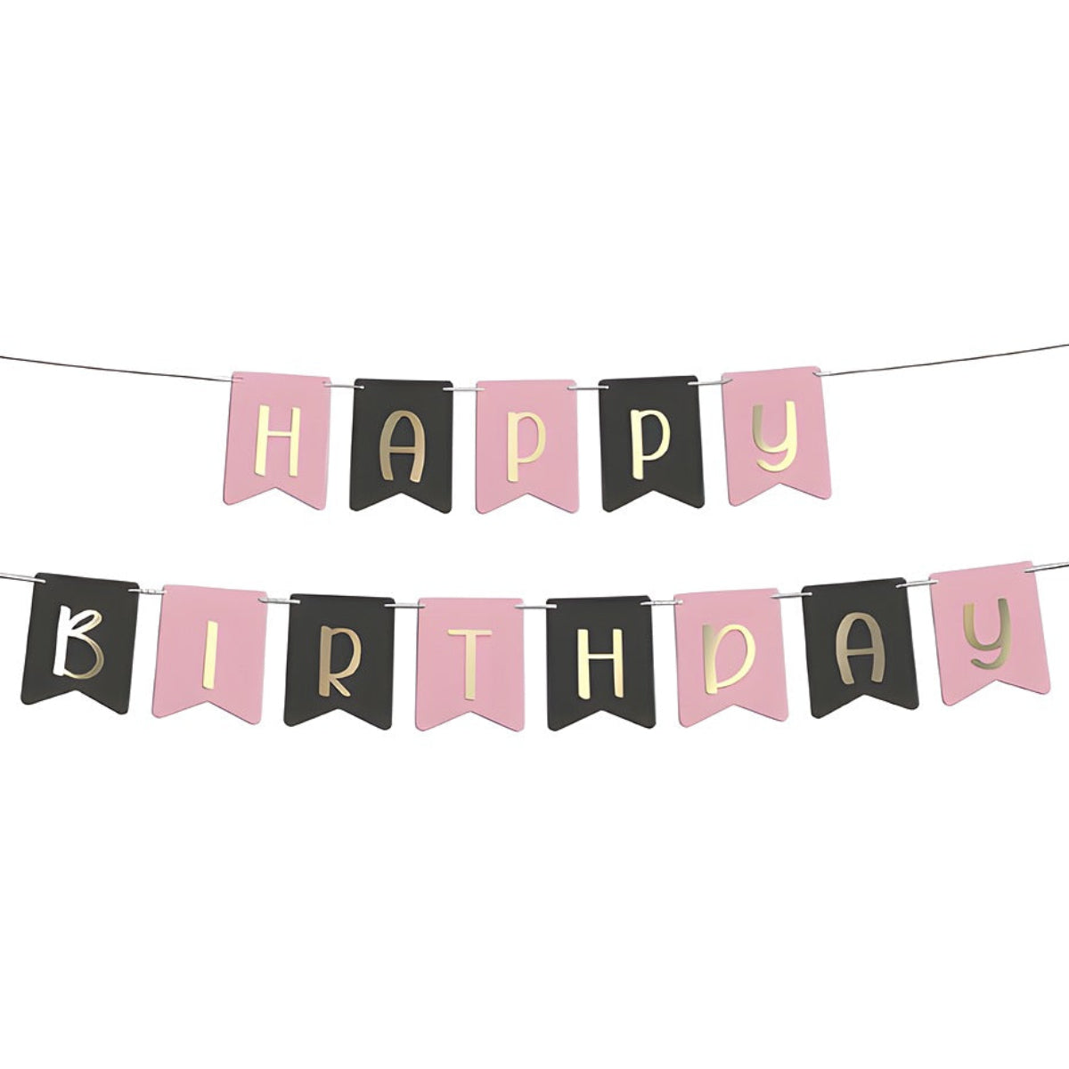 Guirnalda Banderines Happy Birthday Letras Oro 3 m Rosa y Gris