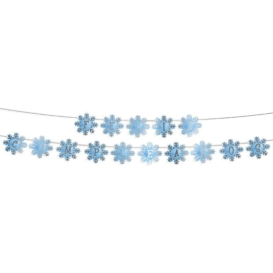 Guirnalda Feliz Cumpleaños Copos de Nieve Azul y Plata 4,5 m