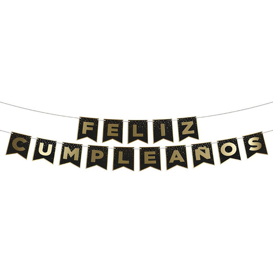 Guirnalda Banderines Feliz Cumpleaños Negro y Oro 4 m