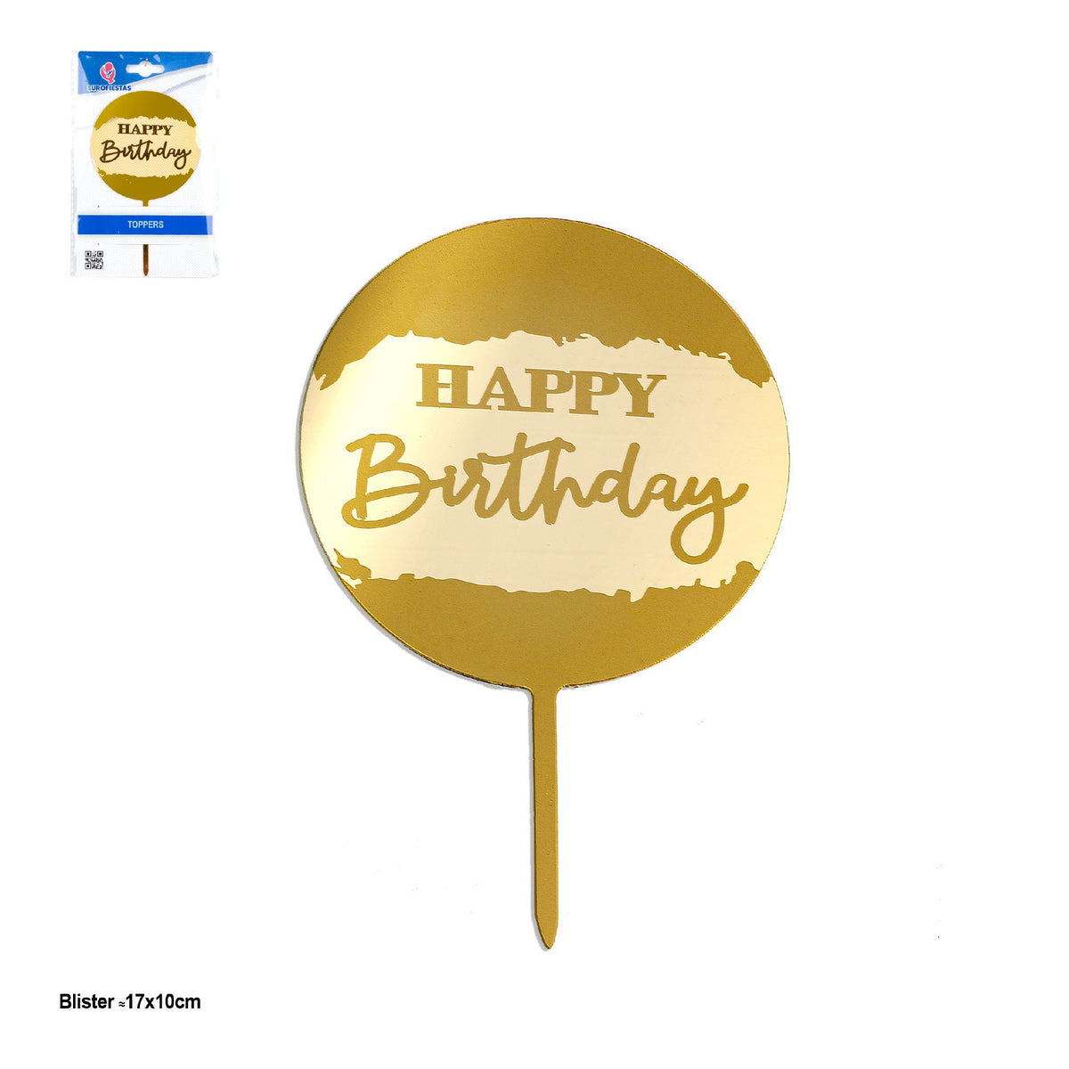 Topper Circular Happy Birthday Blanco y Oro 14,5 x 8,5 cm