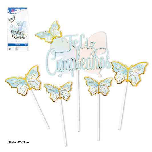 Set Toppers Feliz Cumpleaños Mariposas Iridiscente 5 uds - Azul