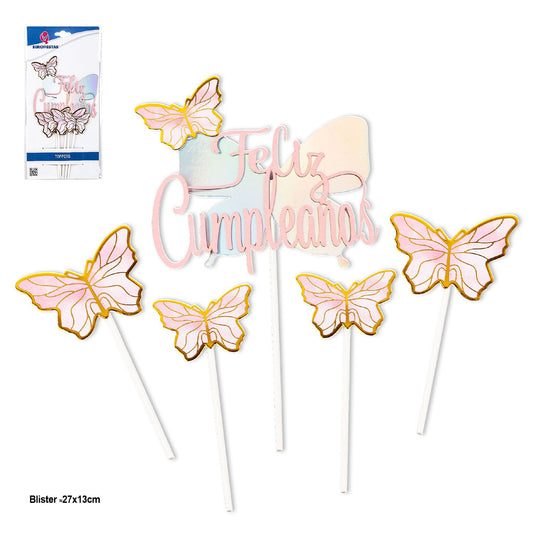 Set Toppers Feliz Cumpleaños Mariposas Iridiscente 5 uds - Rosa