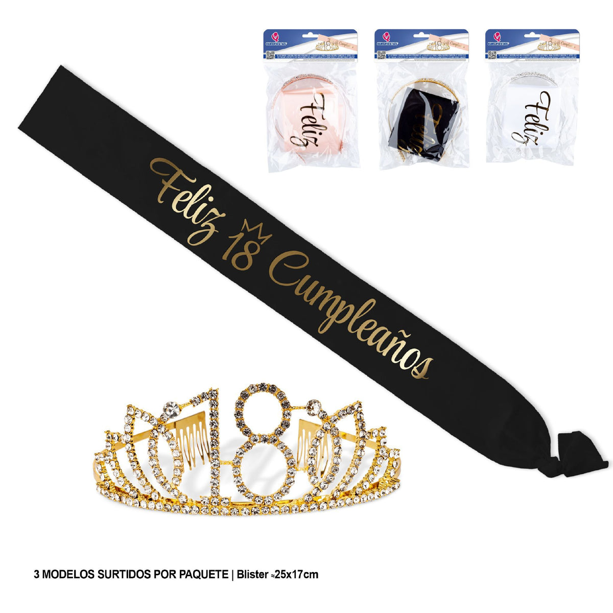 Set Banda Feliz Cumpleaños con Número y Corona Tiara con Strass