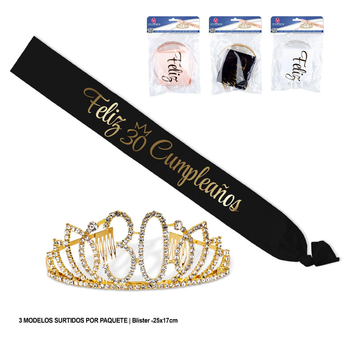 Set Banda Feliz Cumpleaños con Número y Corona Tiara con Strass
