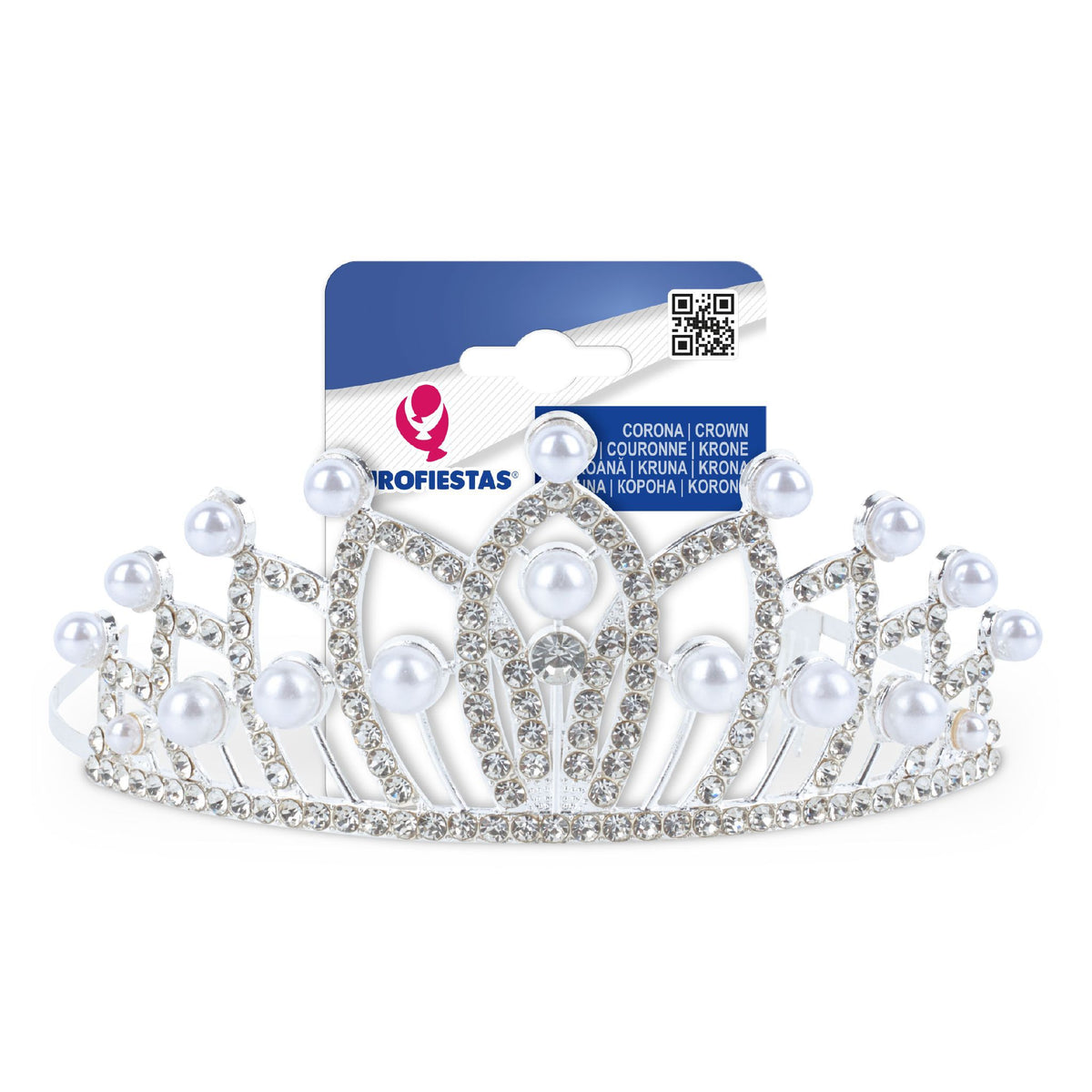 Corona Tiara Plateada con Perlas y Strass