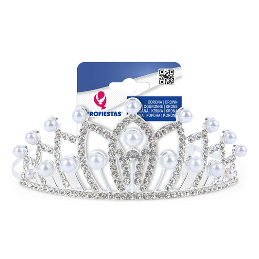 Corona Tiara Plateada con Perlas y Strass