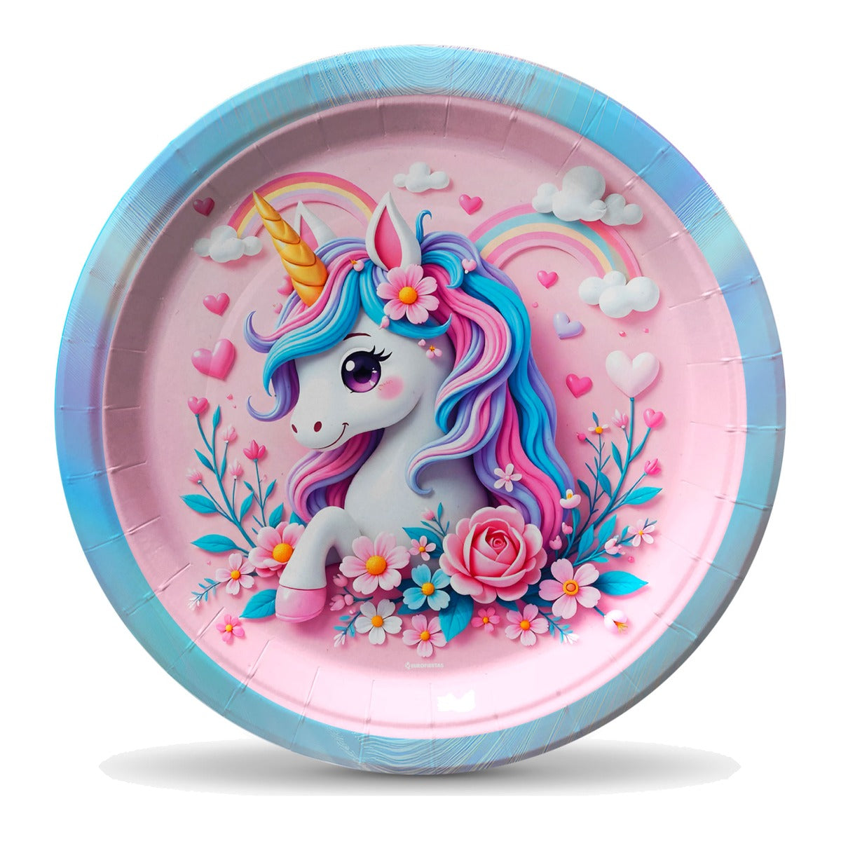 Plato Unicornio Arcoíris y Flores Rosa 18 cm 8 uds