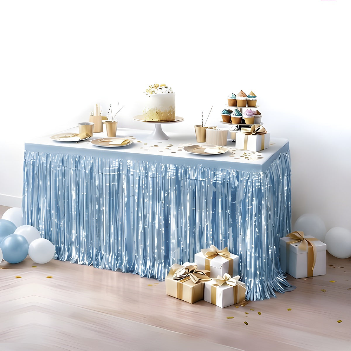 Faldón de Mesa Flecos Metalizados 275x74 cm Azul Pastel