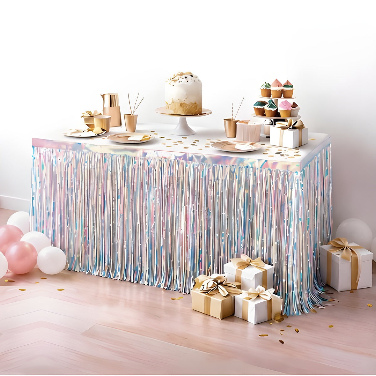 Faldón de Mesa Flecos Metalizados 275x74 cm Iridiscente