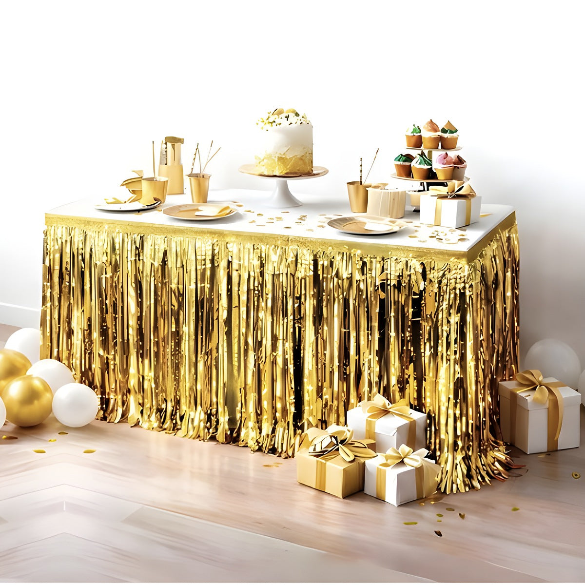 Faldón de Mesa Flecos Metalizados 275x74 cm Oro