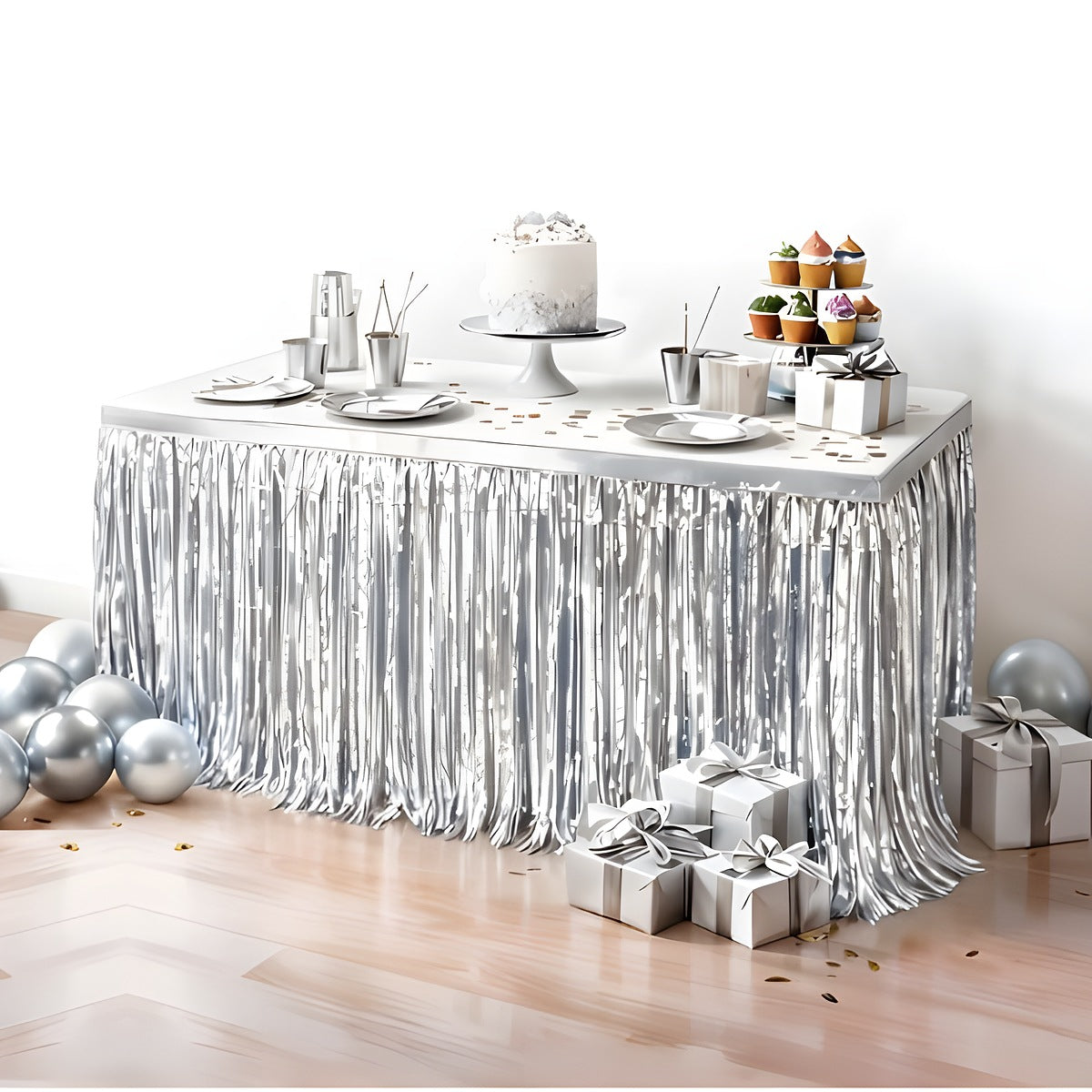 Faldón de Mesa Flecos Metalizados 275x74 cm Plata