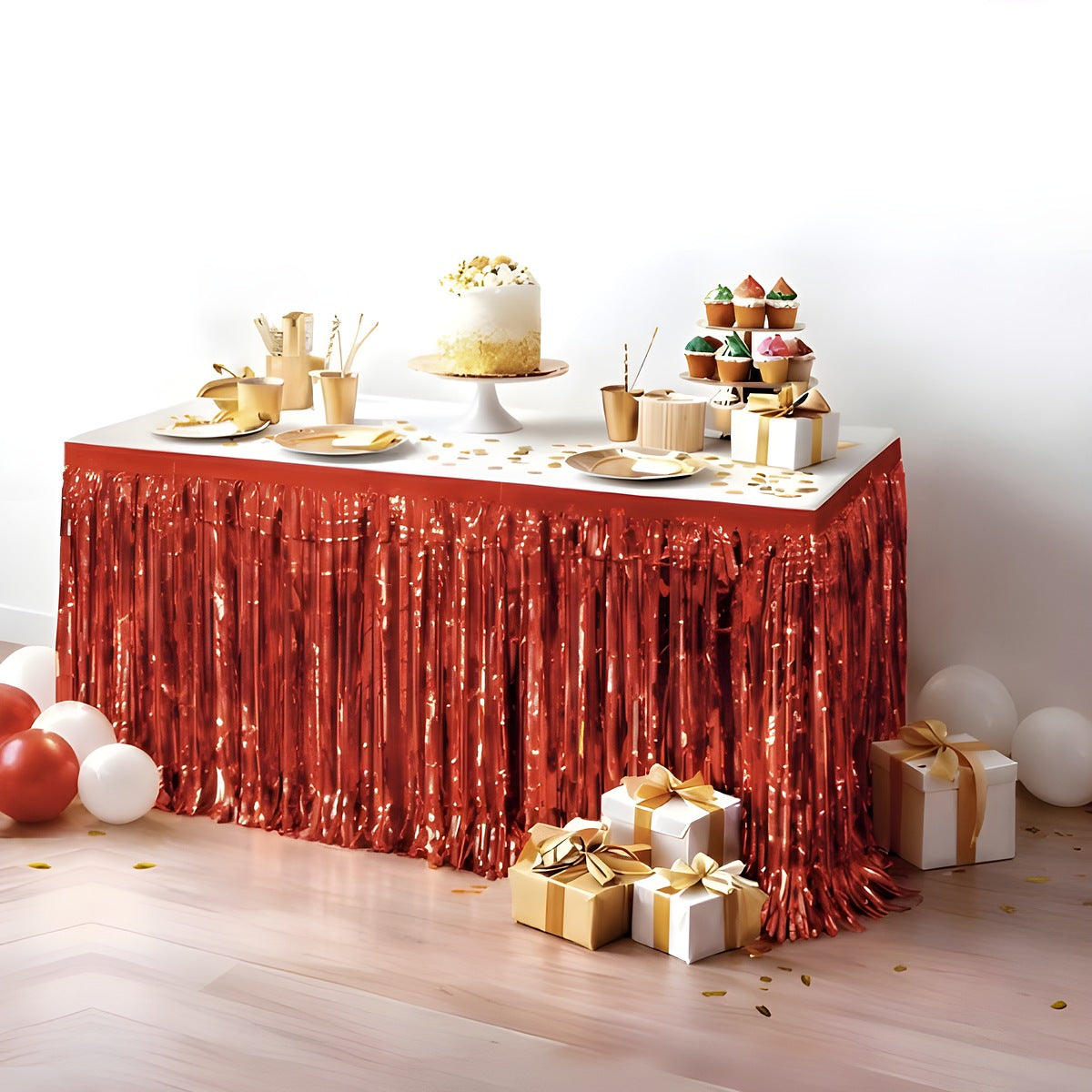 Faldón de Mesa Flecos Metalizados 275x74 cm Rojo