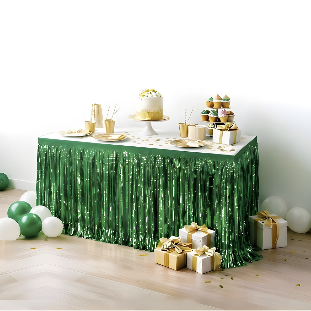 Faldón de Mesa Flecos Metalizados 275x74 cm Verde