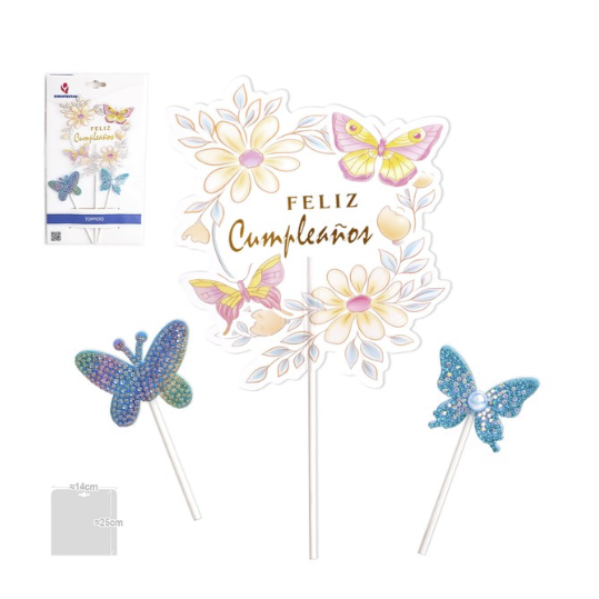 Set Toppers Feliz Cumpleaños Círculo Floral y Mariposas 3 uds