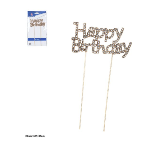 Topper Metal Happy Birthday con Strass 16 x 10 cm