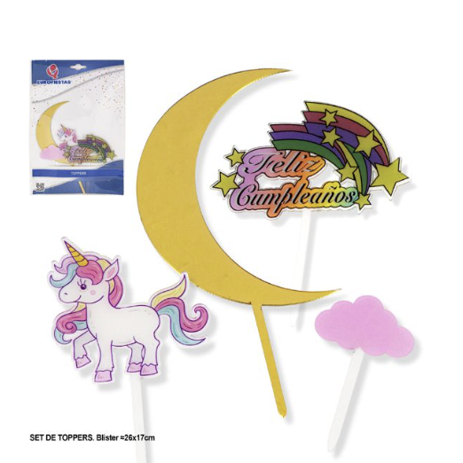 Set Toppers Feliz Cumpleaños Luna y Unicornio 4 uds