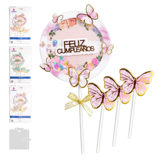 Set Toppers Feliz Cumpleaños Shaker con Mariposas