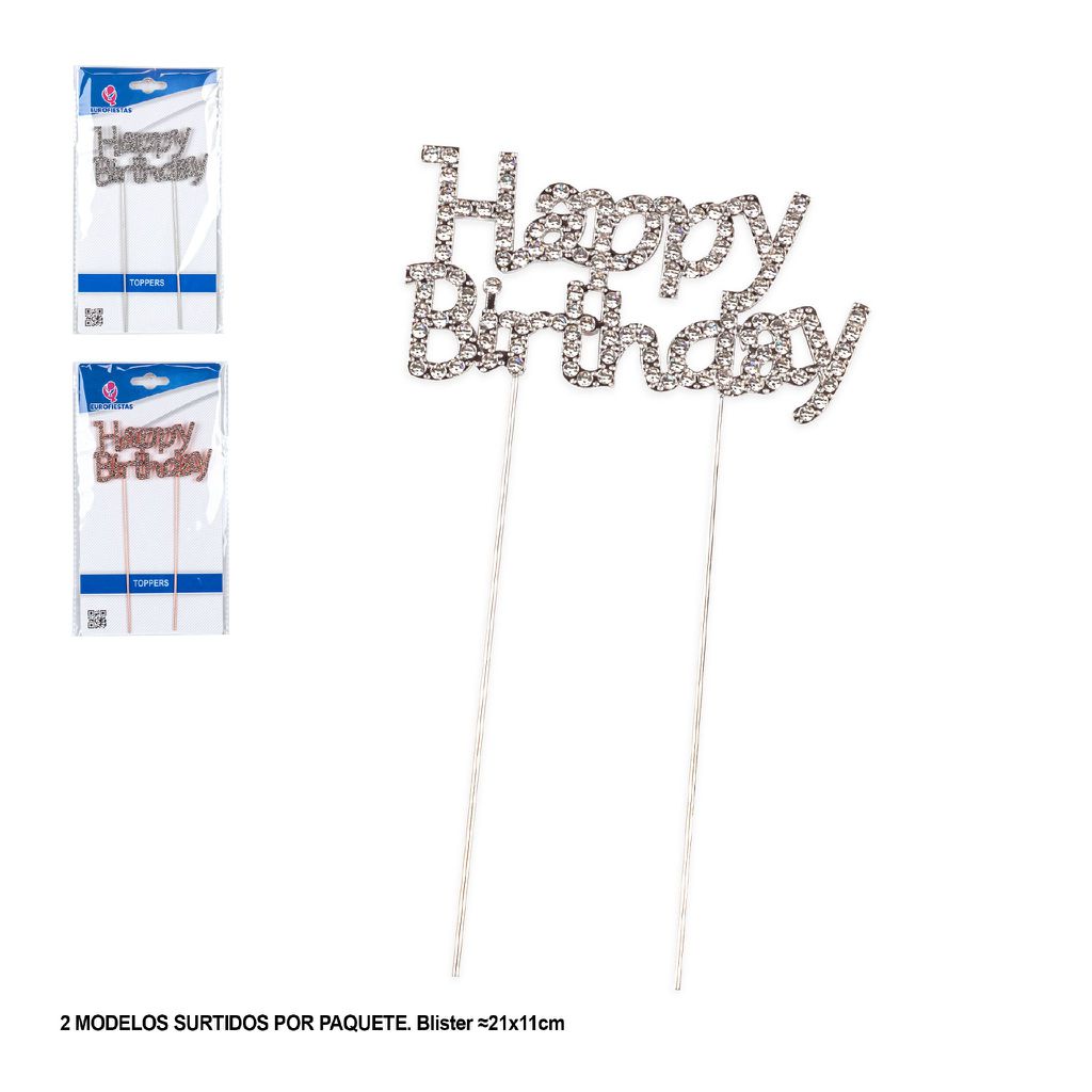 Topper Metal Happy Birthday con Strass 16 x 10 cm