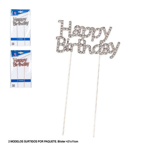 Topper Metal Happy Birthday con Strass 16 x 10 cm