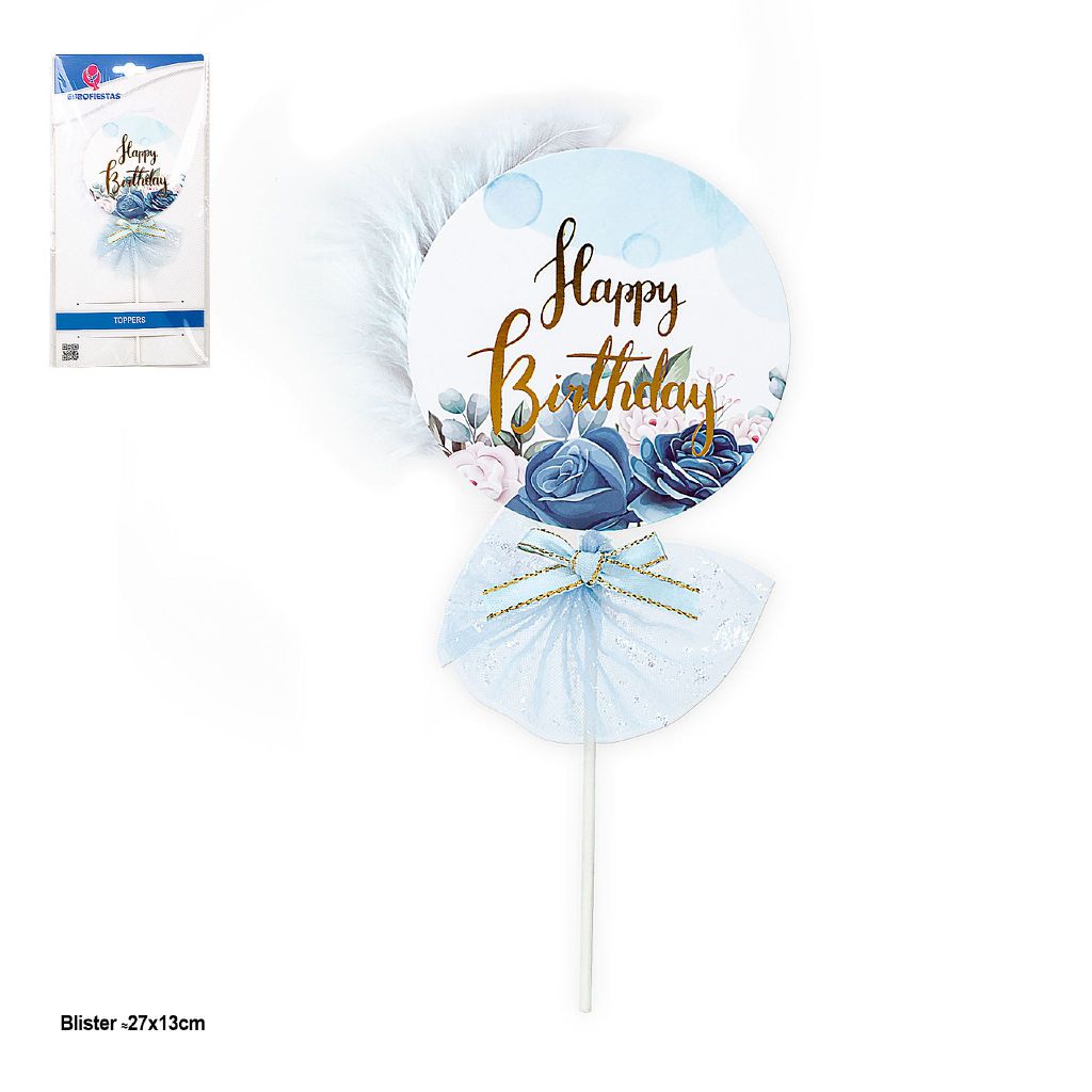 Topper Happy Birthday Floral con Plumas y Tul Azul