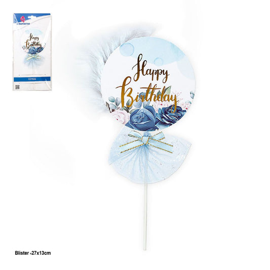 Topper Happy Birthday Floral con Plumas y Tul Azul