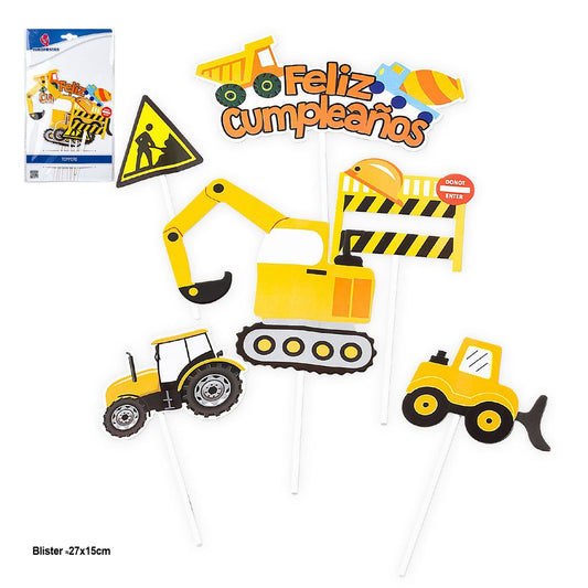 Set Toppers Feliz Cumpleaños Máquinas de Obra 6 uds