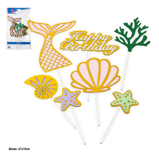 Set Toppers Happy Birthday Sirena y Fondo Marino 7 uds