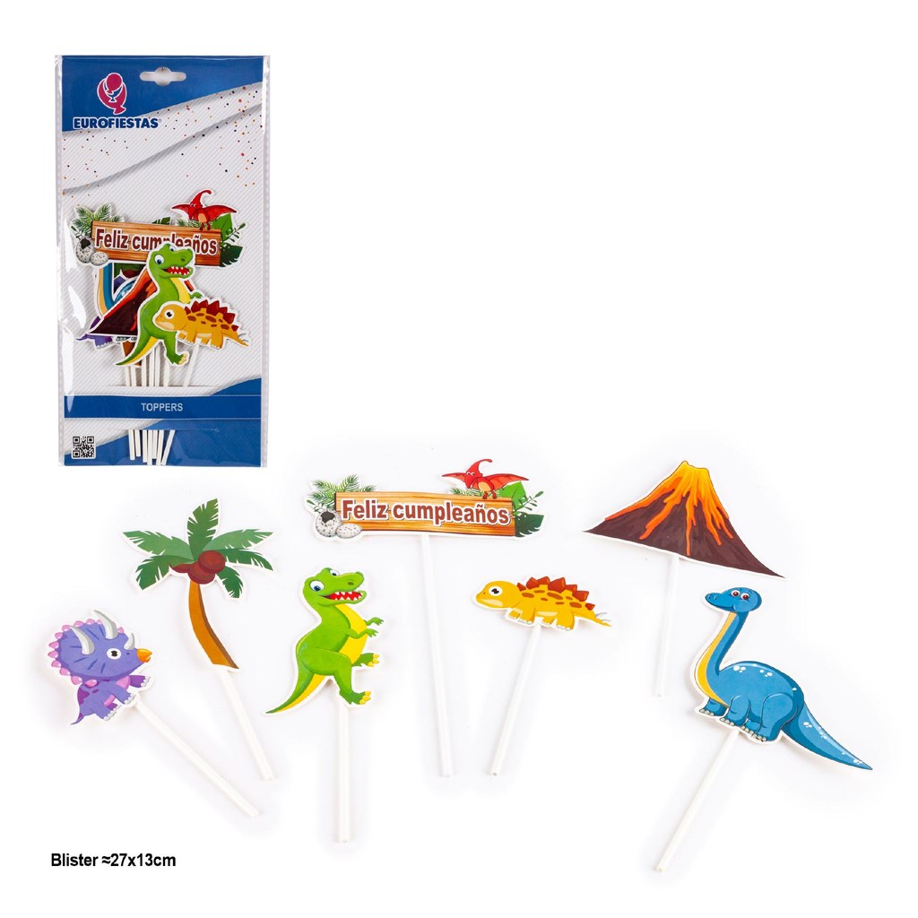 Set Toppers Feliz Cumpleaños Dinosaurios y Volcán 7 uds