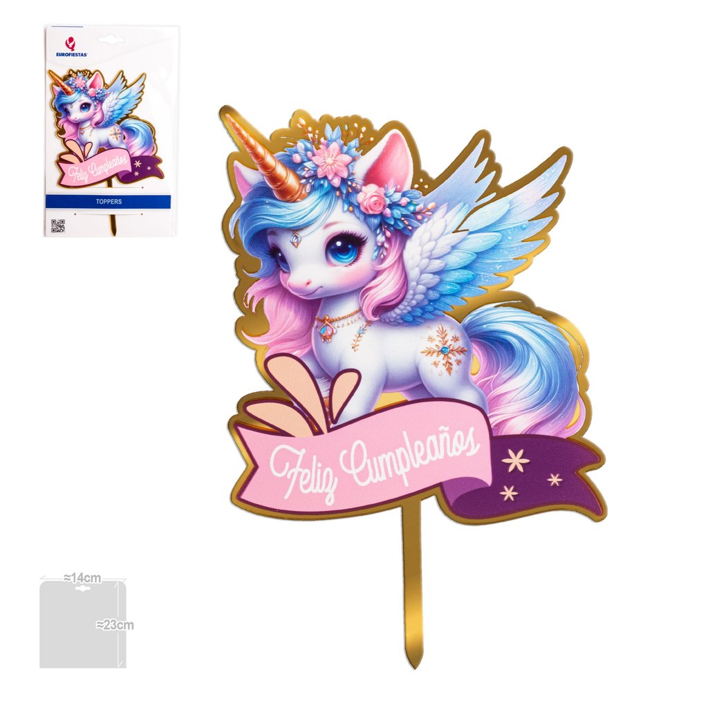 Topper Feliz Cumpleaños Unicornio Alado Rosa