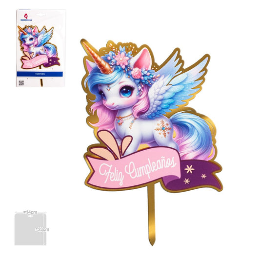 Topper Feliz Cumpleaños Unicornio Alado Rosa