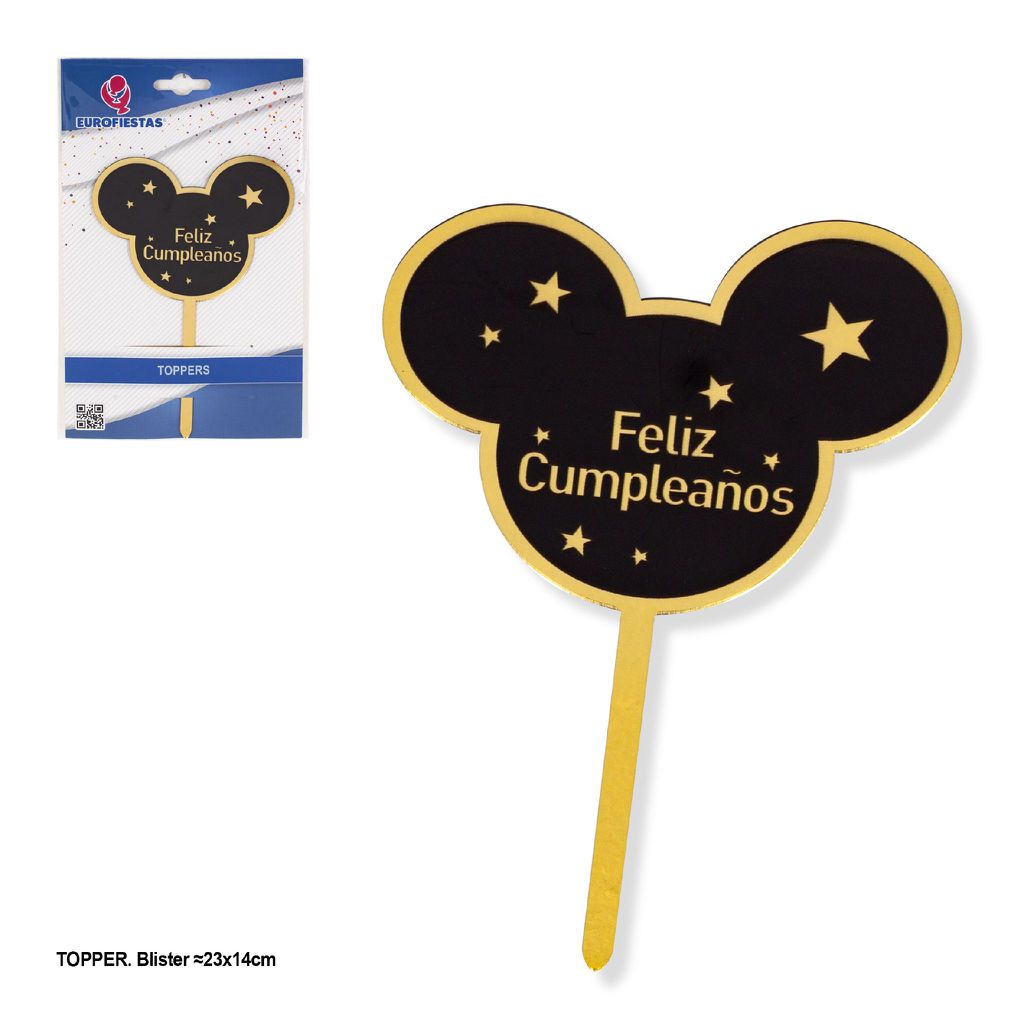 Topper Feliz Cumpleaños Orejas Negro y Dorado
