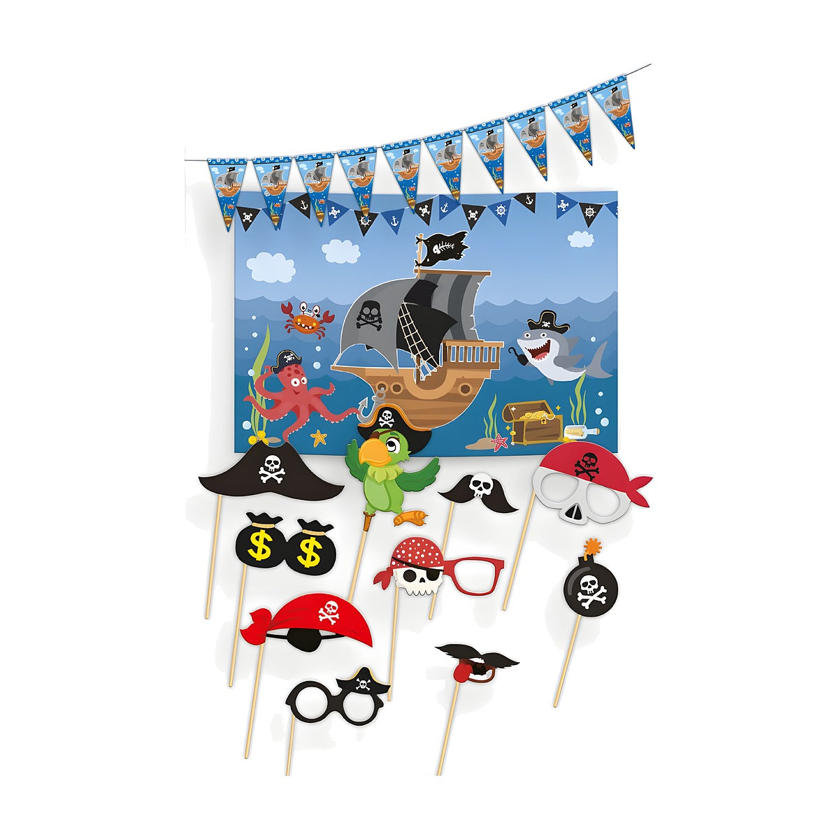 Set de Cumpleaños Piratas: Guirnalda, Póster y Photocall 12 piezas