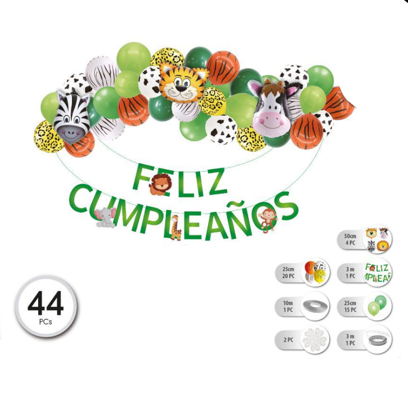 Set Decoración Globos Animales de la Selva Feliz Cumpleaños 44 Piezas