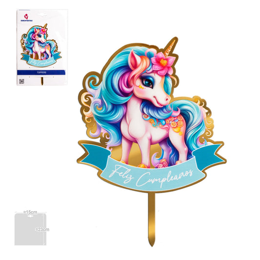 Topper Feliz Cumpleaños Unicornio Pelo Azul
