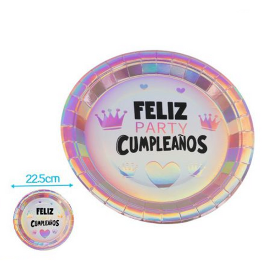 Plato Cartón Cumpleaños Rosa Dorado Corona y Corazón | 17,5 cm / 22,5 cm | 6 uds