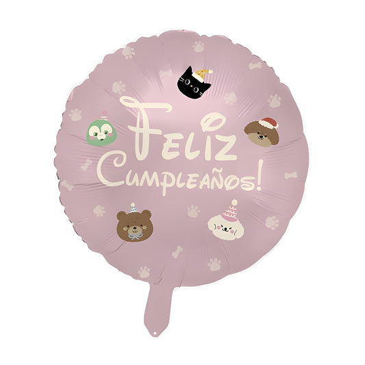 Globo Foil Redondo Feliz Cumpleaños Animalitos 45 cm rosa