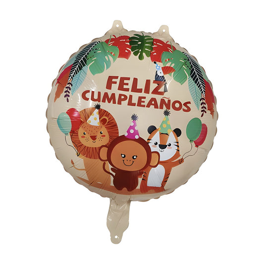 Globo Foil Redondo Feliz Cumpleaños Monos 45 cm